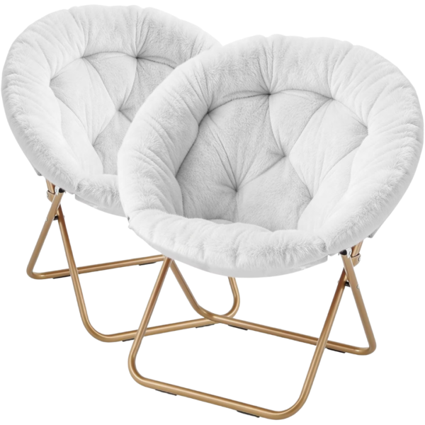 Fevis Folding Saucer Chair for Adults with Thick Padded Seat and Metal Frame – White/Gold (Set of 2)